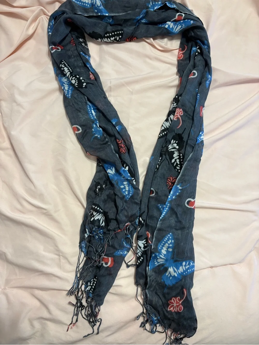 Source Unknown Blue Butterfly Print Scarf with Red Accents